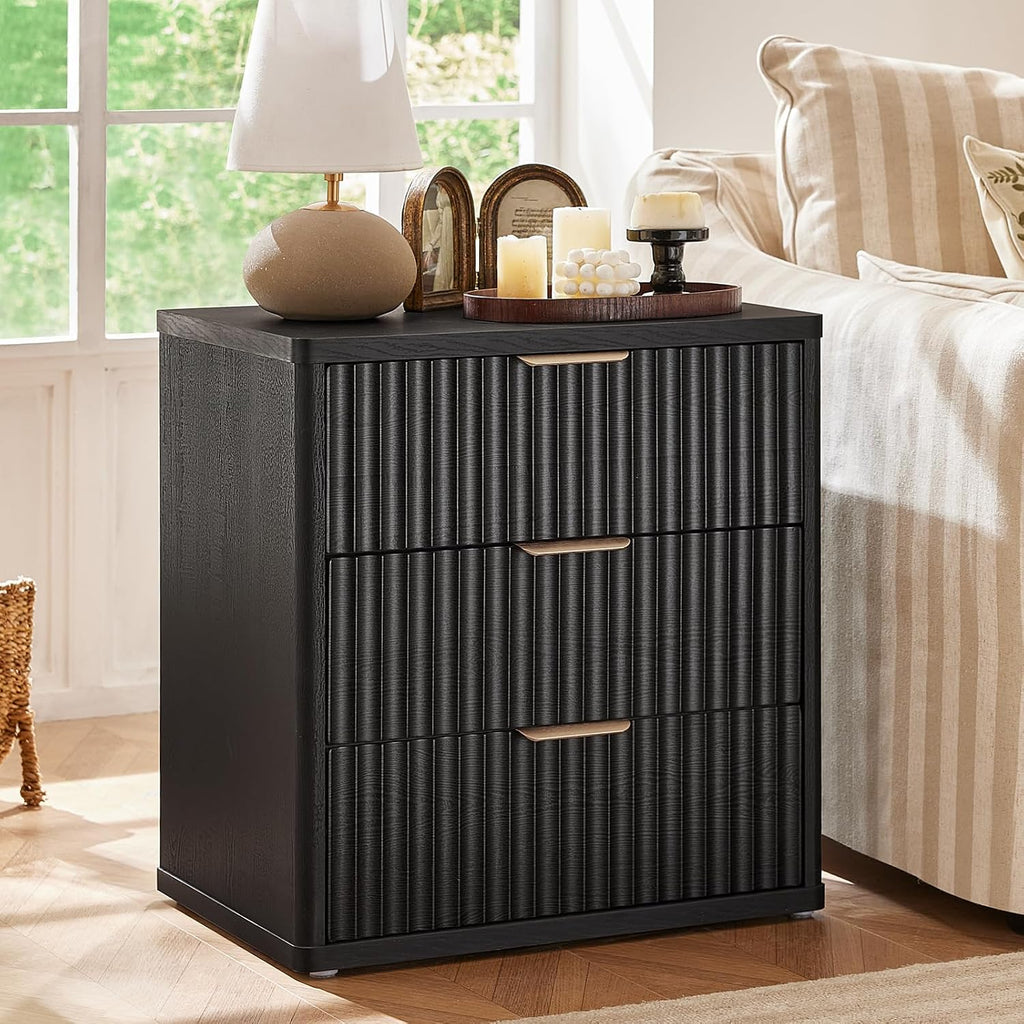 LEYAOYAO Fluted Dresser and 3 Drawers Nightstand Set of 2, Wood 48' Wide Dresser & 23' Night Stand with Charging Station, 3 Piece Bedroom Furniture Set, Chest of Drawers for Home,Living Room,Black