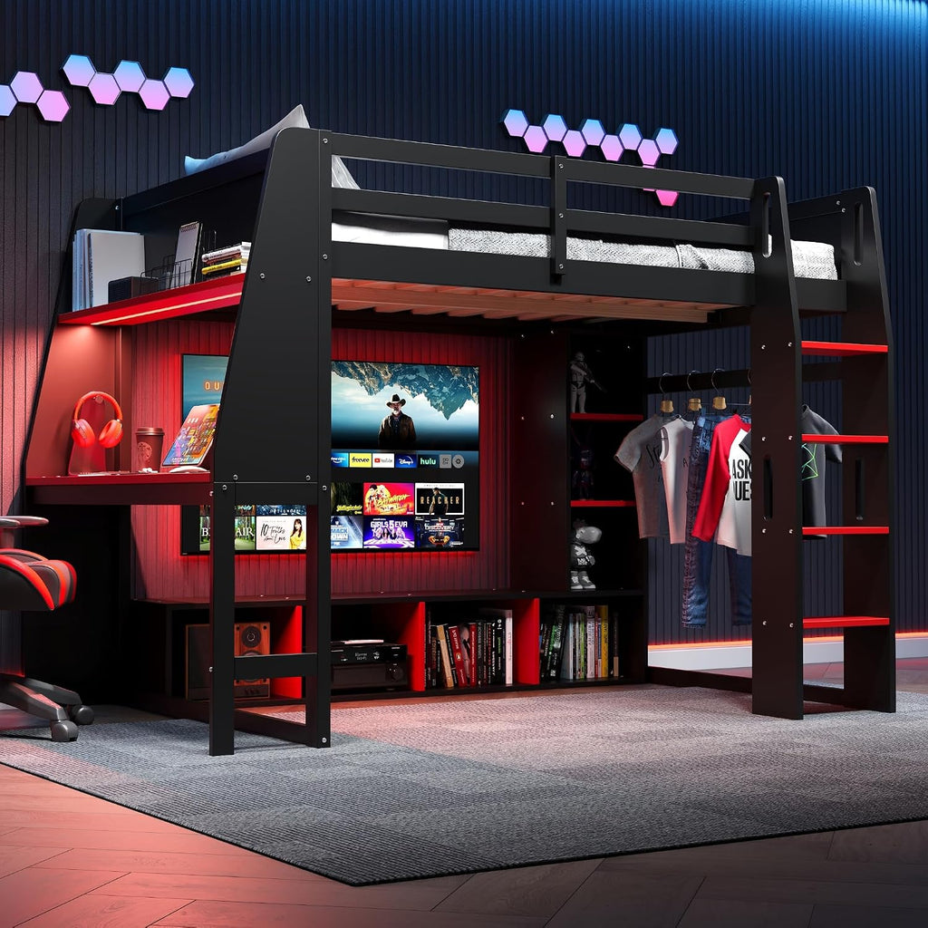 MERITLINE Full Gaming Loft Bed with Desk and Storage,TV Stand & LED RGB, Solid Wood Gaming Bed with Storage Shelves,TV Cabinet and Clothes Rack, for Adults Teens