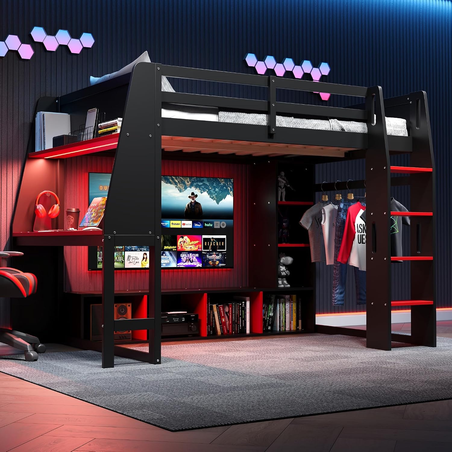 MERITLINE Full Gaming Loft Bed with Desk and Storage,TV Stand & LED RGB, Solid Wood Gaming Bed with Storage Shelves,TV Cabinet and Clothes Rack, for Adults Teens