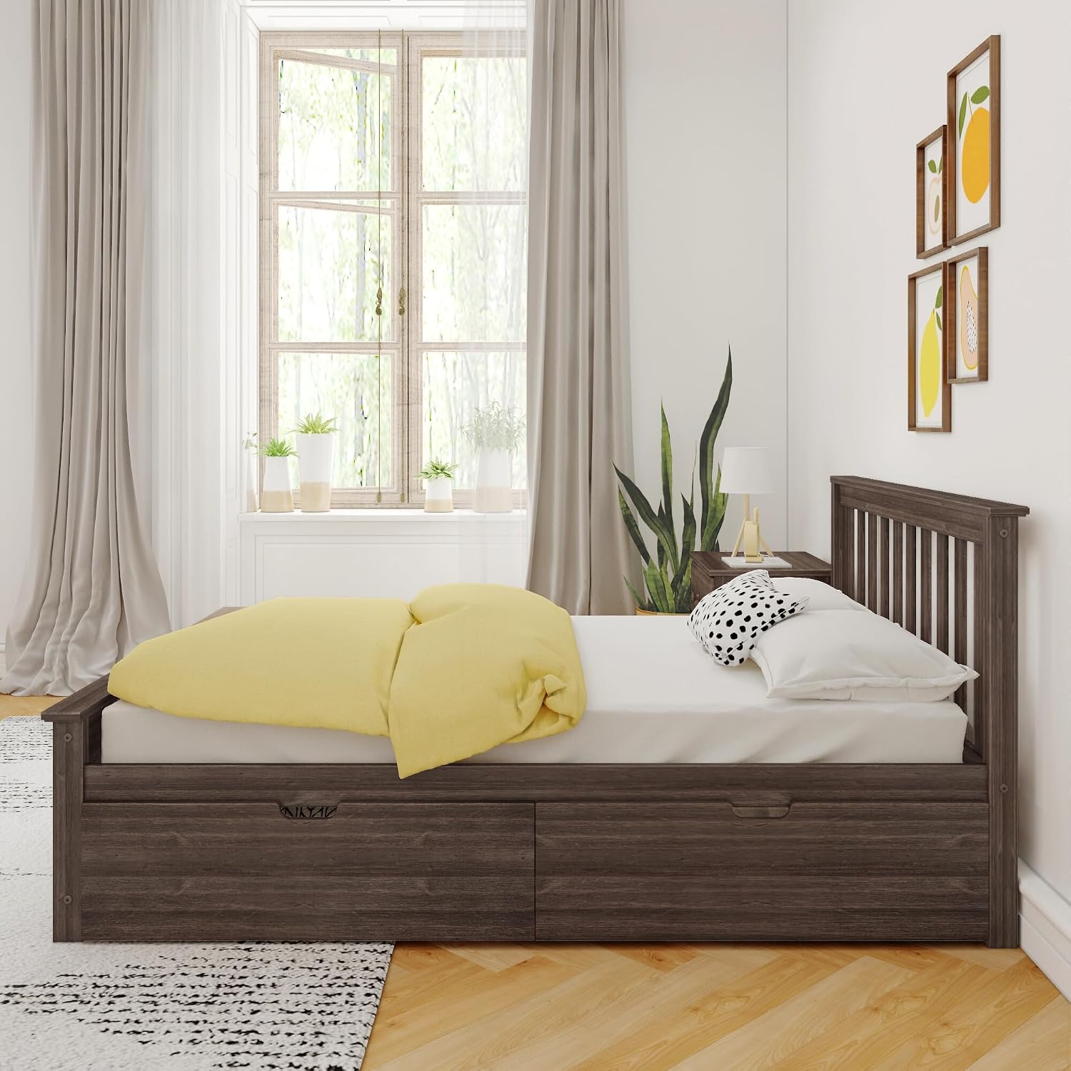 Max & Lily Classic Full Bed, Slatted Headboard, with Storage Drawers, Walnut