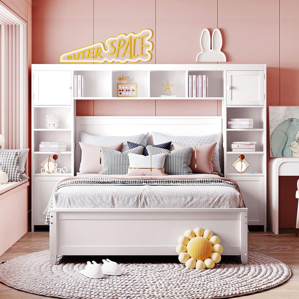 MERITLINE Full Platform Bed with Storage Headboard,Drawers and Charging Station,Solid Wood Full Bed Frame with Storage Cabinet and Shelves for Adults (White)