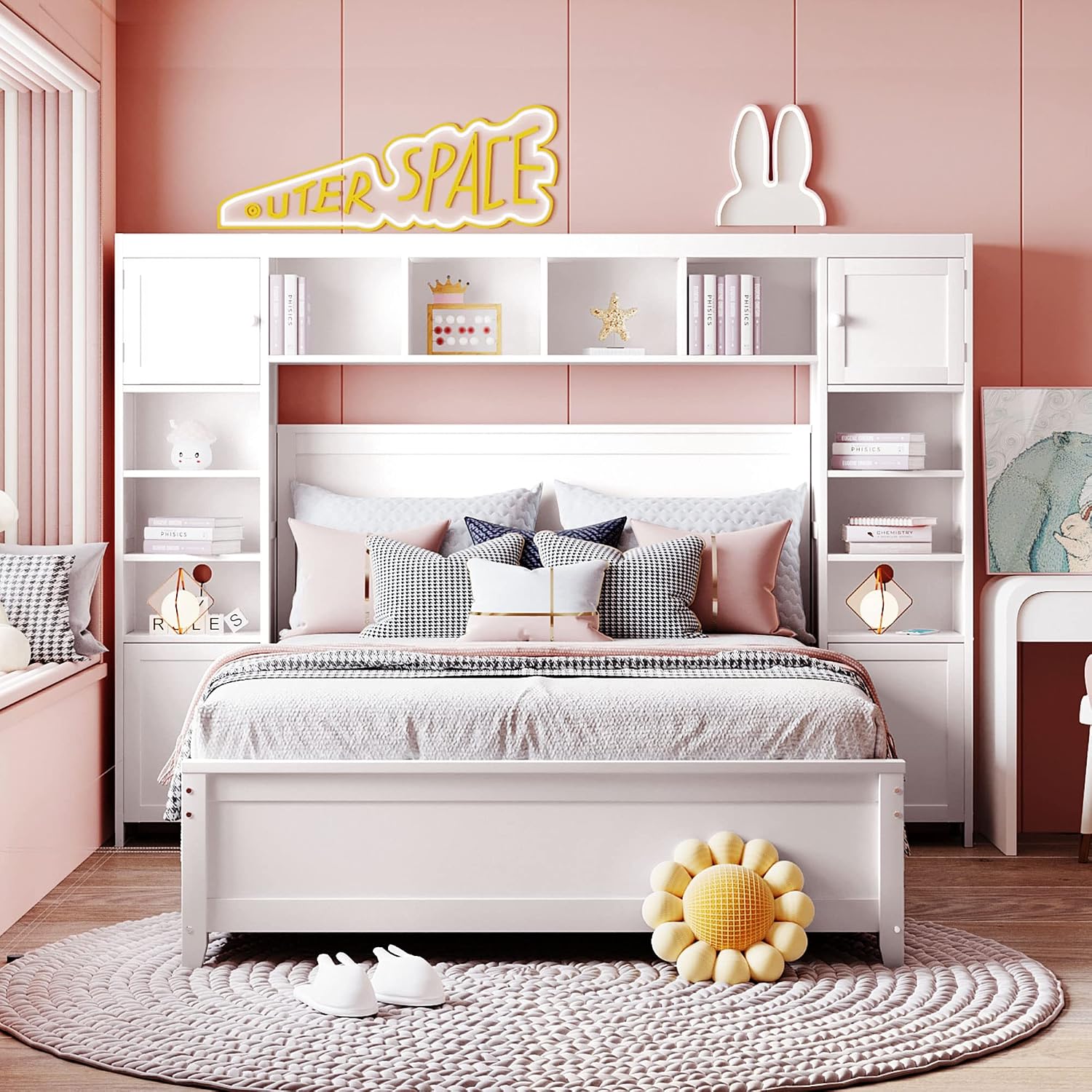 MERITLINE Full Platform Bed with Storage Headboard,Drawers and Charging Station,Solid Wood Full Bed Frame with Storage Cabinet and Shelves for Adults (White)