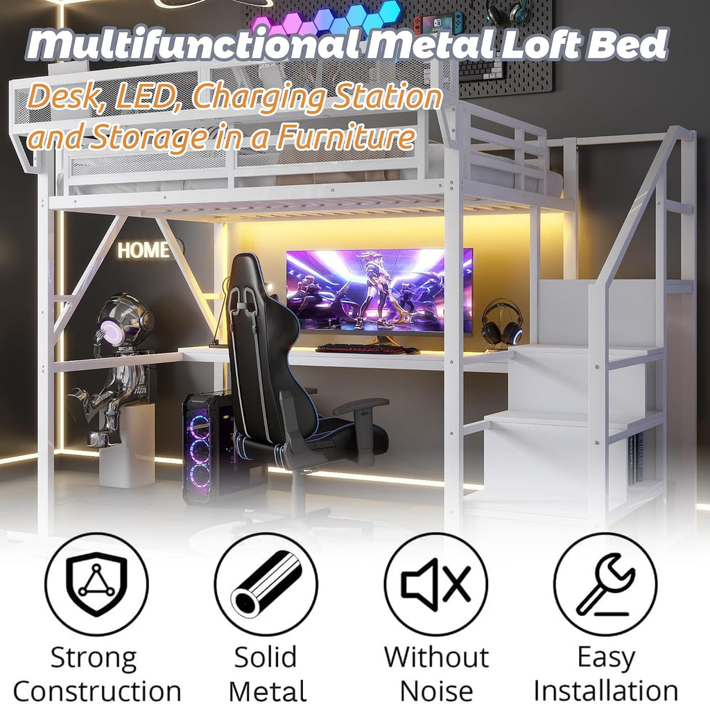 Metal Loft Bed with Desk and RGB LED Lights, Full Size Loft Bed with Stairs and Charging Station,Kids Loft Beds with Storage Shelves for Upper and Wardrobe,Loft Beds Frame for Kids Teens, White