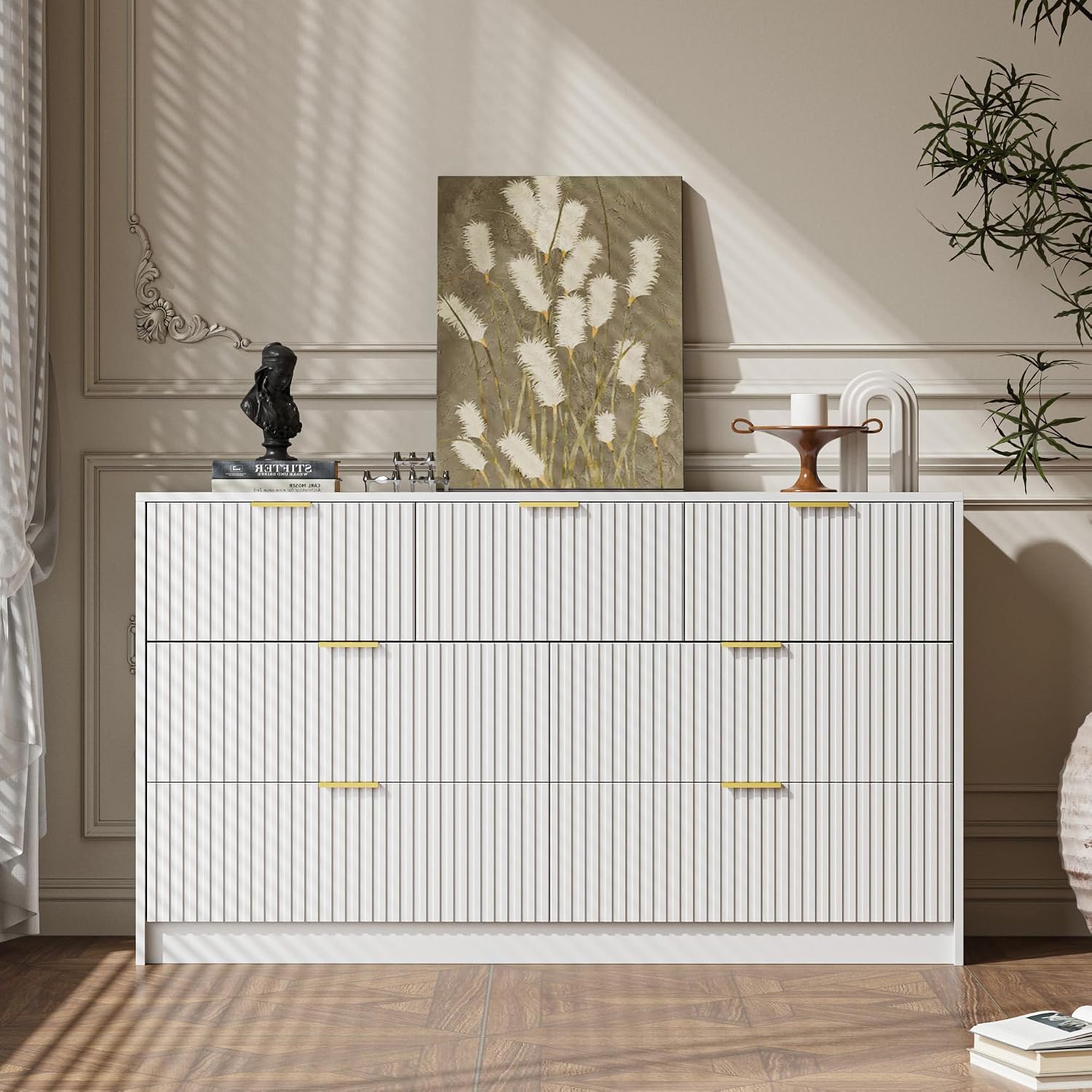 MAISONARIA 3-Piece Dresser Bedroom Set, 7 Drawer Dresser & 3 Drawer Nightstands with Gold Handles, Fluted Wood Chest of Drawers for Bedroom, Living Room, Entryway, White