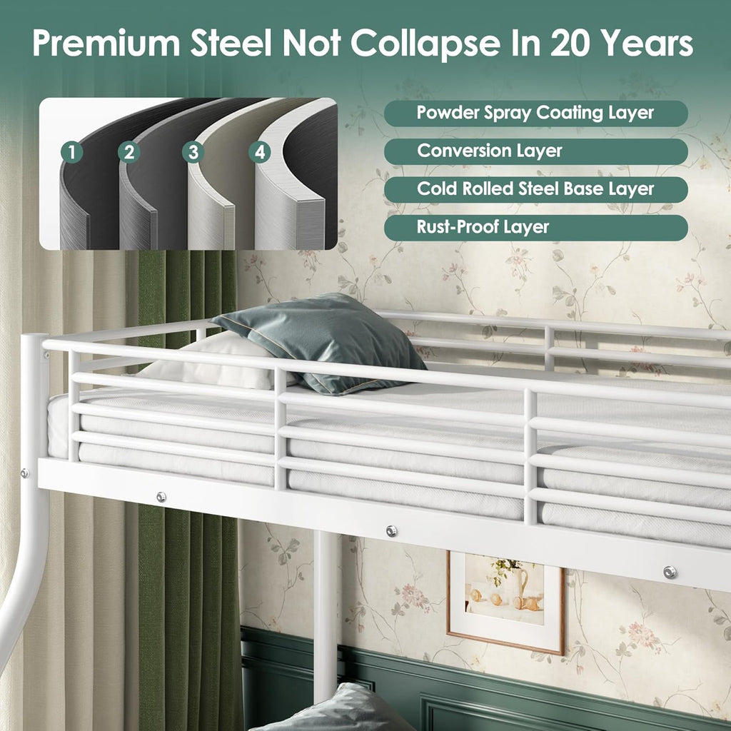 Bunk Beds Twin XL Over Queen, Heavy Duty Bunk Beds with Bottom Space & Guardrail Metal Bunk Bed Frame for Adults Teens Dorm Bedroom Guest Room, No Box Spring Needed（White）