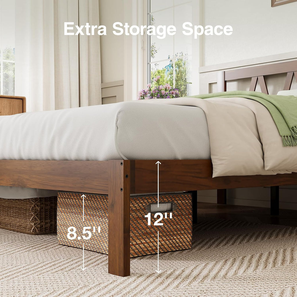 Novilla 12 Inch Queen Bed Frame with Headboard Bed Frame Queen Size Solid Wooden Bed Frame Foundation with Wood Slat Support, No Box Spring Needed, Easy Assembly, Walnut