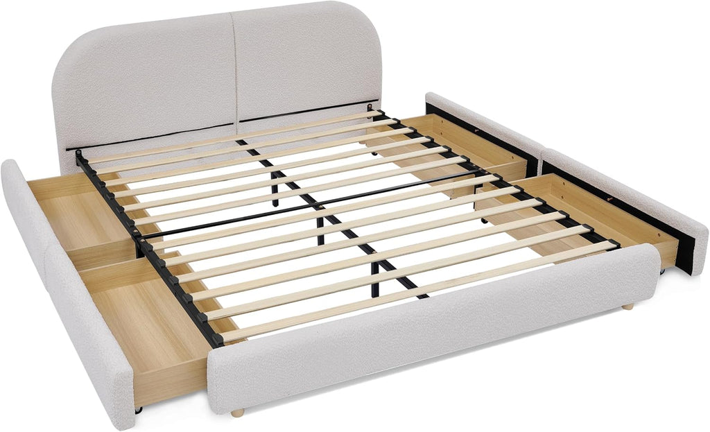 Queen Size Floor Bed Frame with 4 Wheeled Storage Drawer and Tall Curved Headboard, Modern Minimalist Style Upholstered Platform Bed Frame, Wooden Slats Support, Easy Assembly, Beige