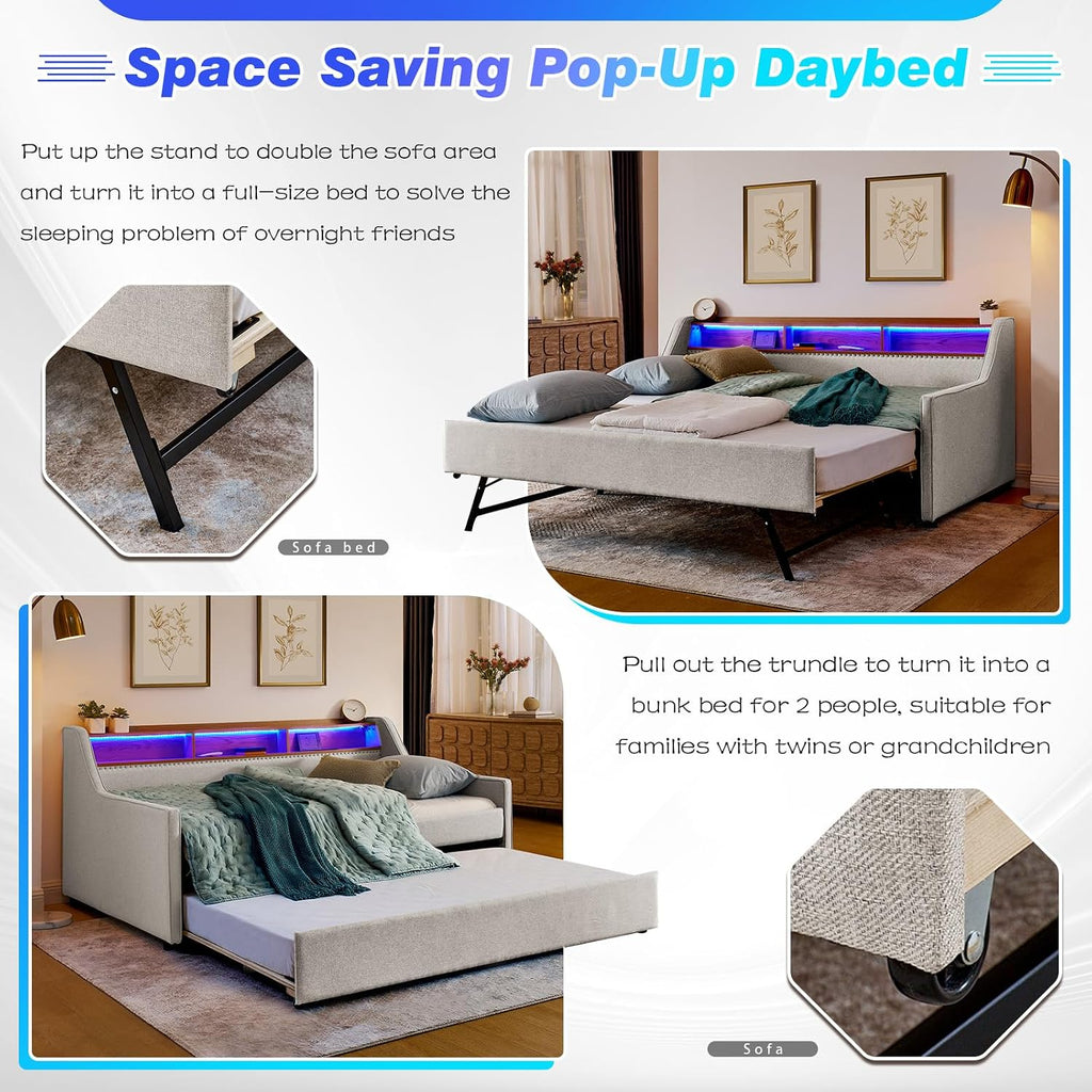 Twin Daybed w/Pop Up Trundle & Wireless Charger, Upholstered Sofa Day Bed Frame w/LED/USB/Type C/Storage Headboard, Twin to King Trundle Bed for Bedroom, Living Room, No Box Spring Needed, Beige