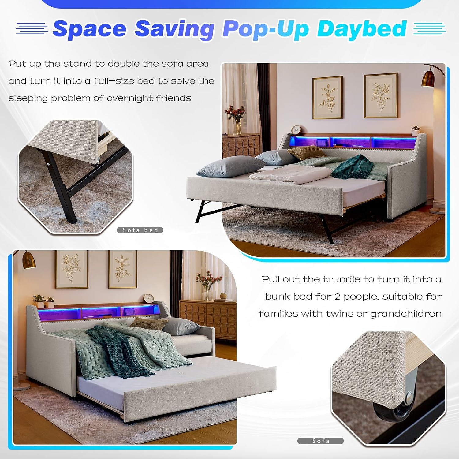 Twin Daybed w/Pop Up Trundle & Wireless Charger, Upholstered Sofa Day Bed Frame w/LED/USB/Type C/Storage Headboard, Twin to King Trundle Bed for Bedroom, Living Room, No Box Spring Needed, Beige