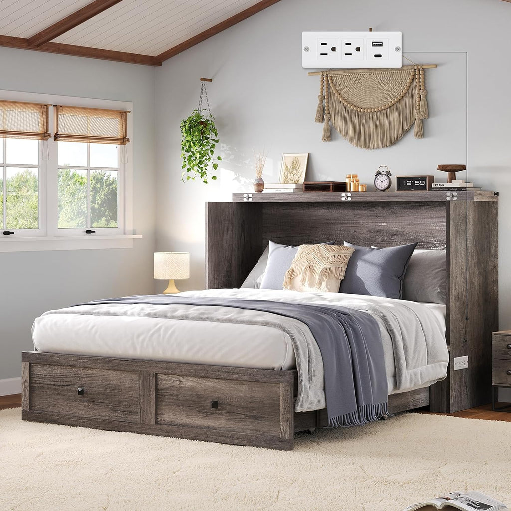 LUXOAK Full Murphy Bed Cabinet with Charging Station, Foldable Platform Bed Frame with Drawer, Space-Saving Guest Bed for Home Office or Small Spaces, Rustic Grey