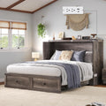 LUXOAK Full Murphy Bed Cabinet with Charging Station, Foldable Platform Bed Frame with Drawer, Space-Saving Guest Bed for Home Office or Small Spaces, Rustic Grey