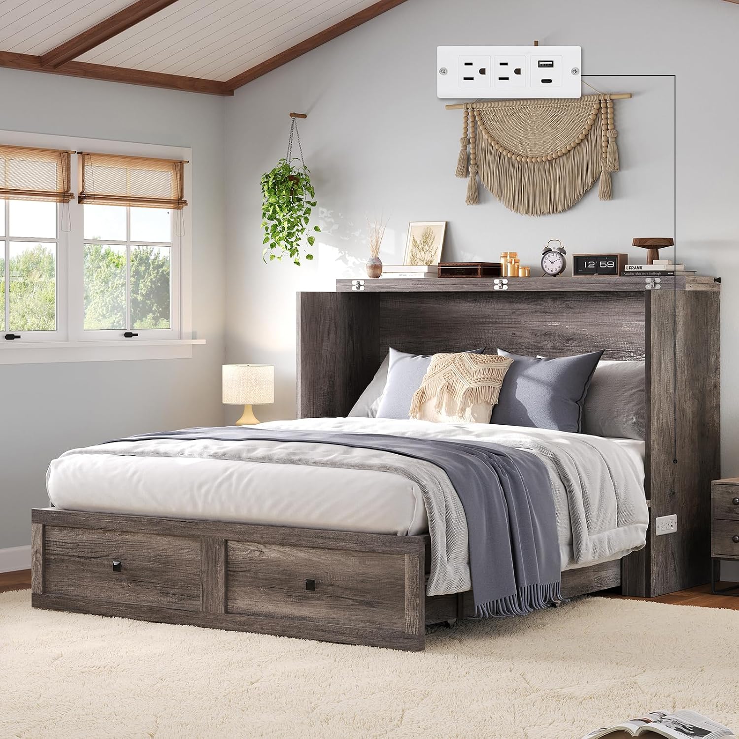 LUXOAK Full Murphy Bed Cabinet with Charging Station, Foldable Platform Bed Frame with Drawer, Space-Saving Guest Bed for Home Office or Small Spaces, Rustic Grey