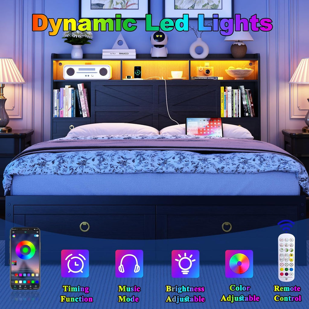 Full Bed Frame with Storage Headboard, Farmhouse Platform Bed Frame with Bookshelf, Drawers, LED Lights and Charging Station, Metal Slats Support, Noise Free, No Box Spring Needed, Black