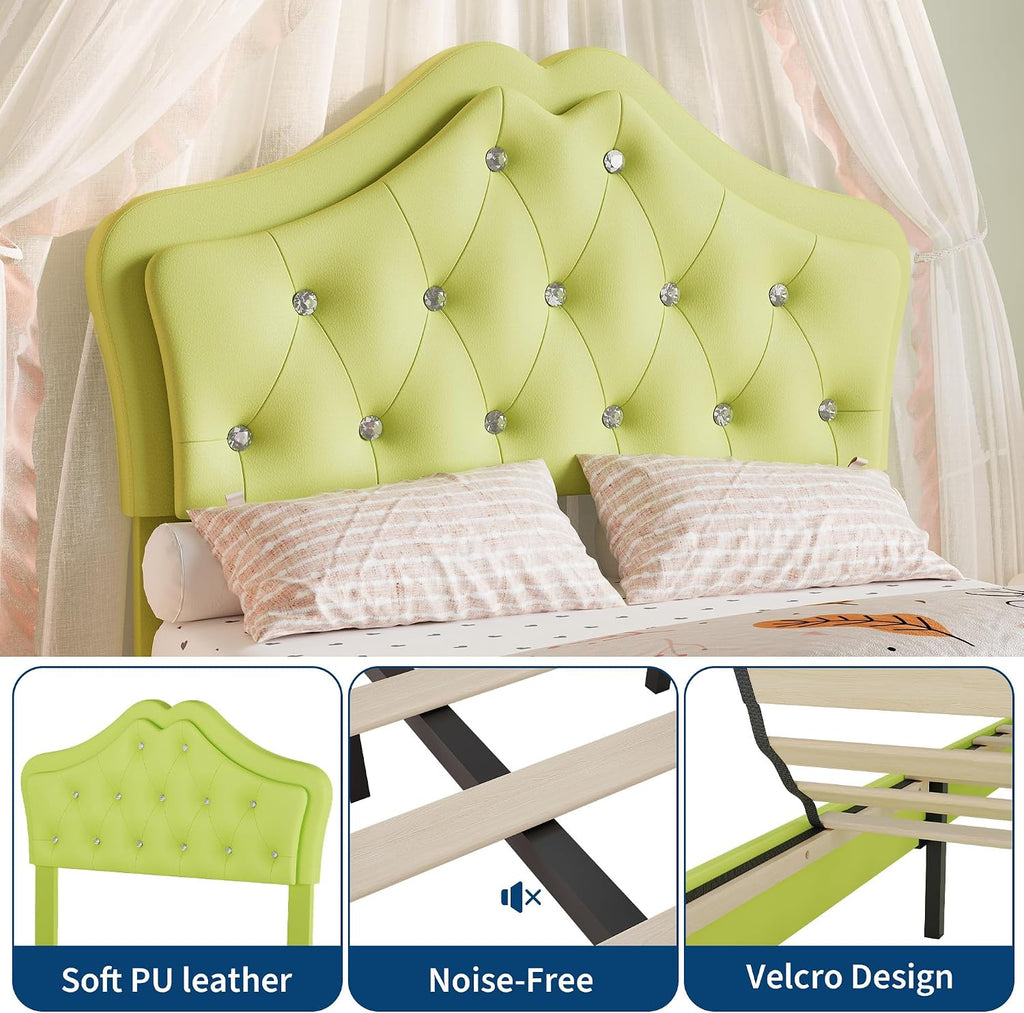 Garvee Twin Size Bed Frame with LED Lights & Velvet Crystal Button Headboard, Upholstered Boy Platform Bed with Storage Drawer, Noise Free, No Box Spring Needed for Kids, Teens, OrangeAvocado Green