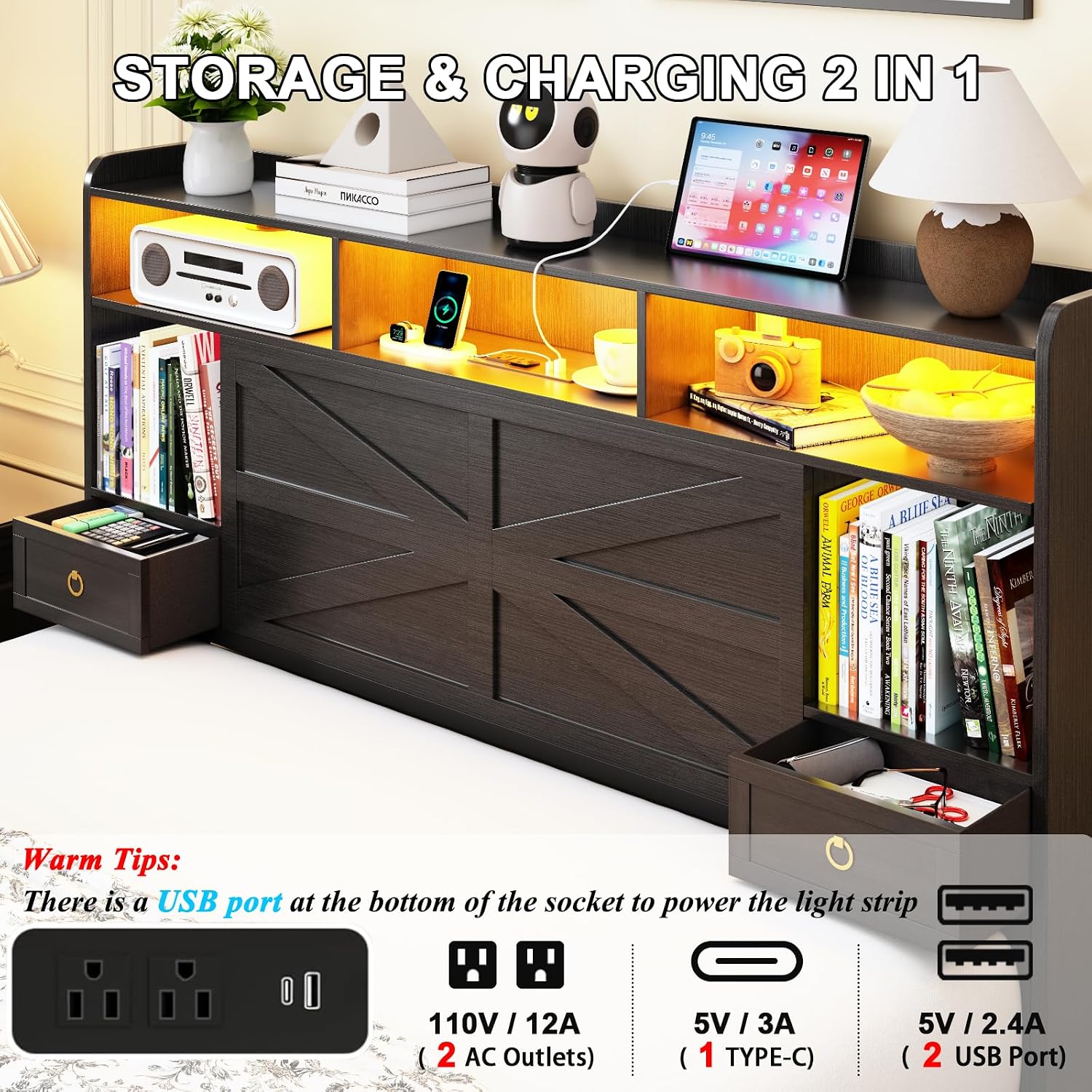 Full Bed Frame with Storage Headboard, Farmhouse Platform Bed Frame with Bookshelf, Drawers, LED Lights and Charging Station, Metal Slats Support, Noise Free, No Box Spring Needed, Black