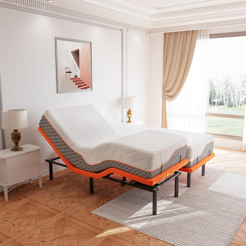 ESHINE Adjustable Bed Frame Split King + Luxury Gel Memory Foam Hybrid 12' Mattress(Medium), 5 Minutes Installation, Wireless Remote, APP Control, Head and Foot Incline, 2000 Series