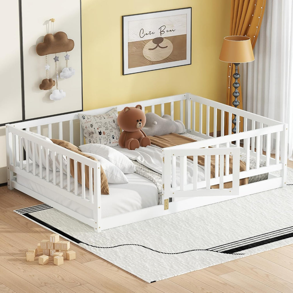 Platform Bed with Fence and Doors,Wood Floor Bed Frame for Bedroom,No Box Spring Needed (White, Full)