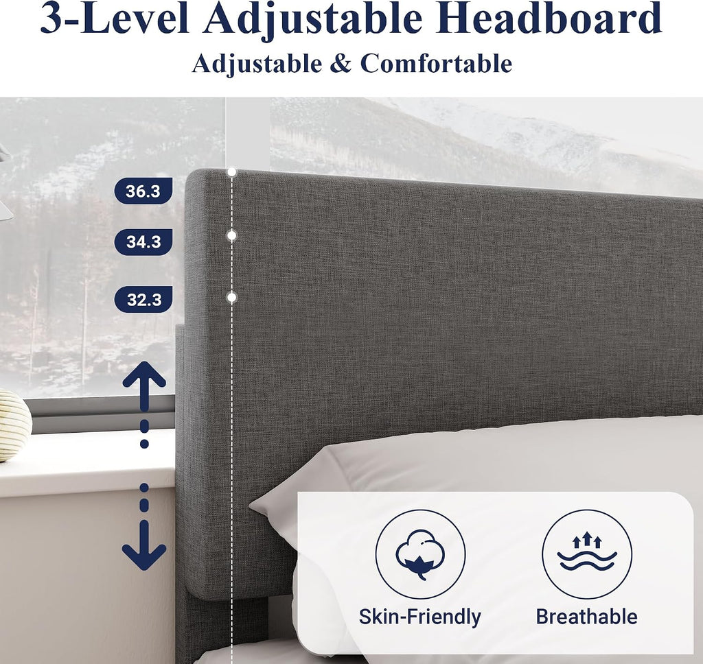 Allewie Full Size Bed Frame with Adjustable Headboard, Upholstered Platform Bed with Wood Slats, Heavy Duty Mattress Foundation, No Box Spring Needed, Noise-Free, Easy Assembly, Dark Grey
