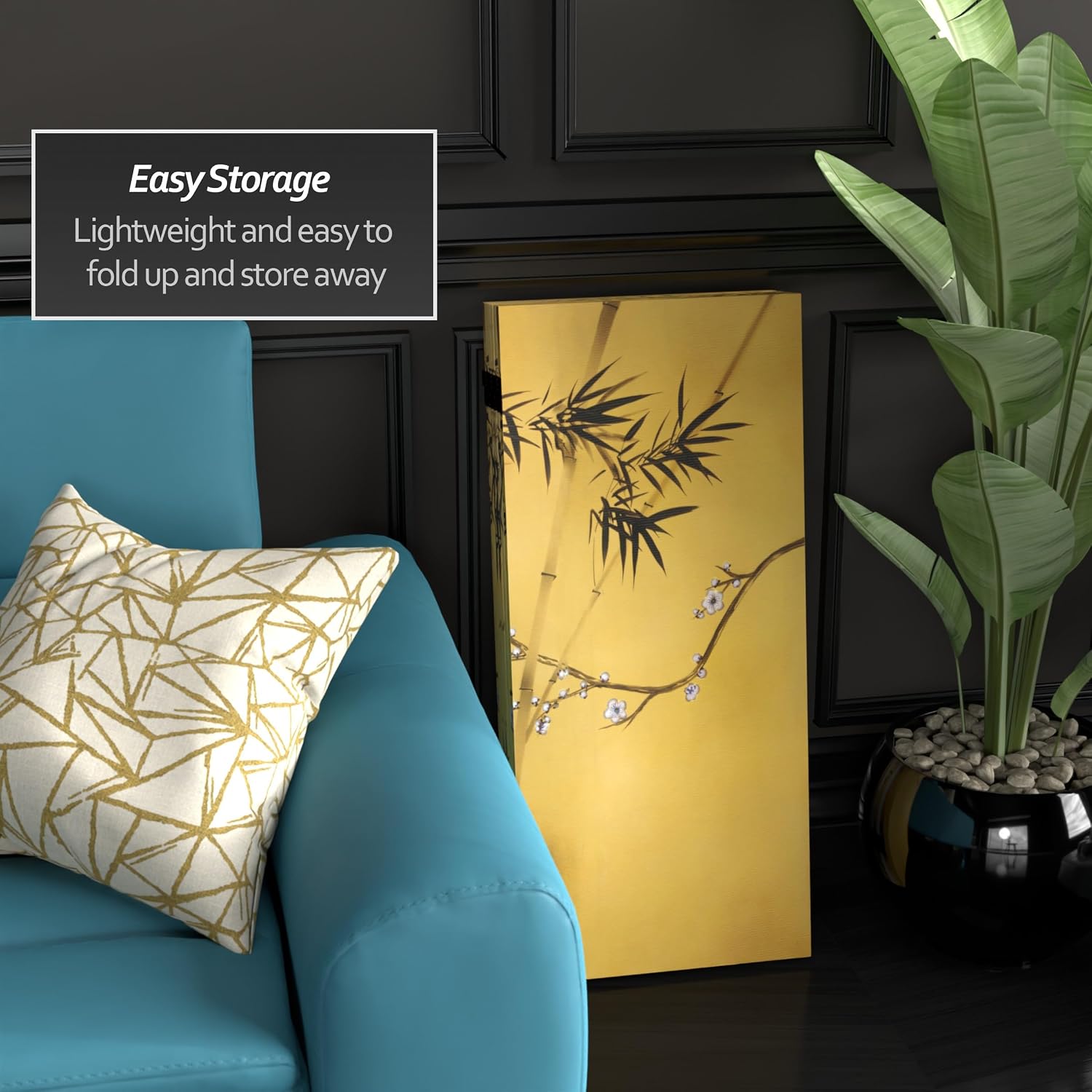 Red Lantern 3 ft. Short Double Sided Bamboo Tree Canvas Room Divider 4 Panel Freestanding Folding Privacy Screen Partition and Separator for Modern and Contemporary Bedroom Home Office Studio Dorm