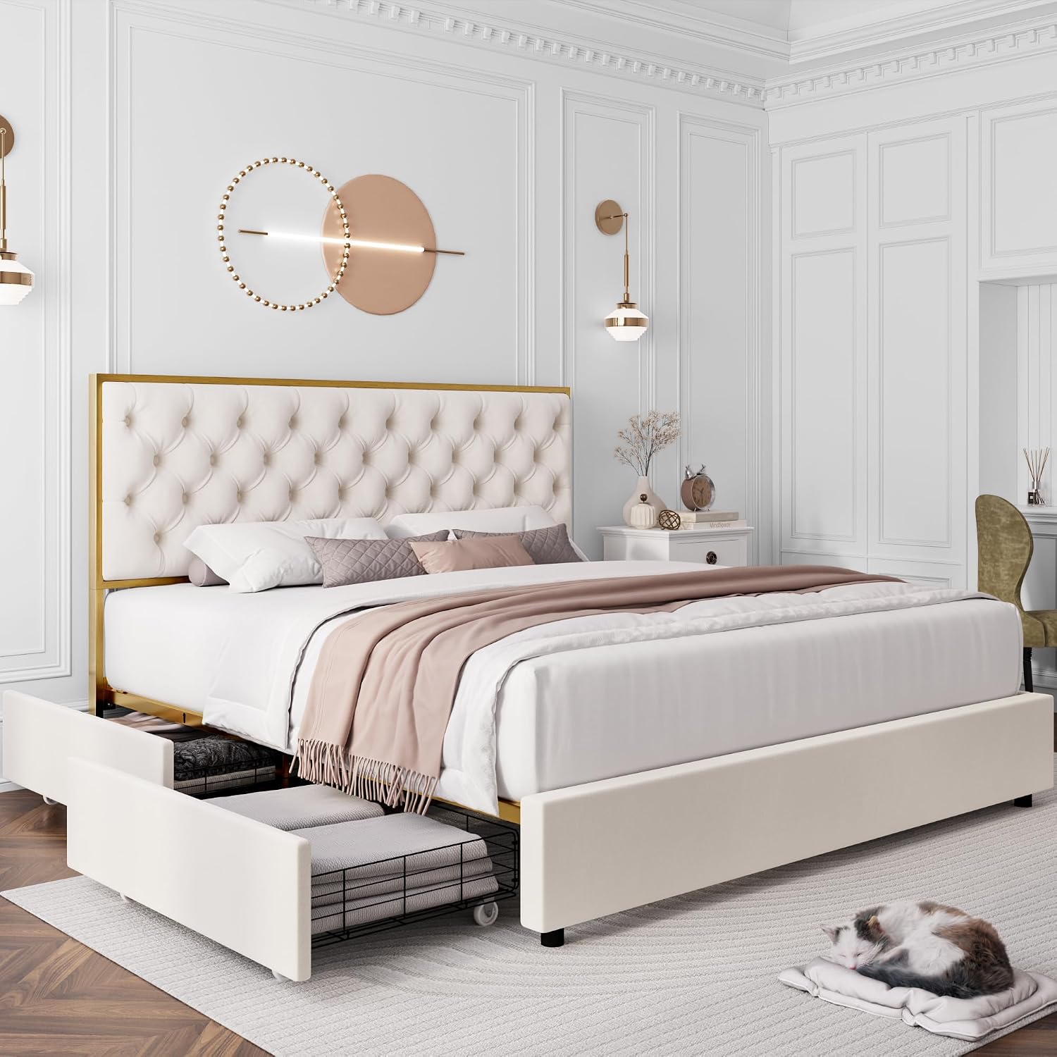 HIFIT King Upholstered Bed Frame with 4 Storage Drawers and Handmade Button Tufted Headboard, Modern Velvet King Size Platform Storage Bed with Solid Wooden Slat, No Box Spring Needed, Golden & Beige