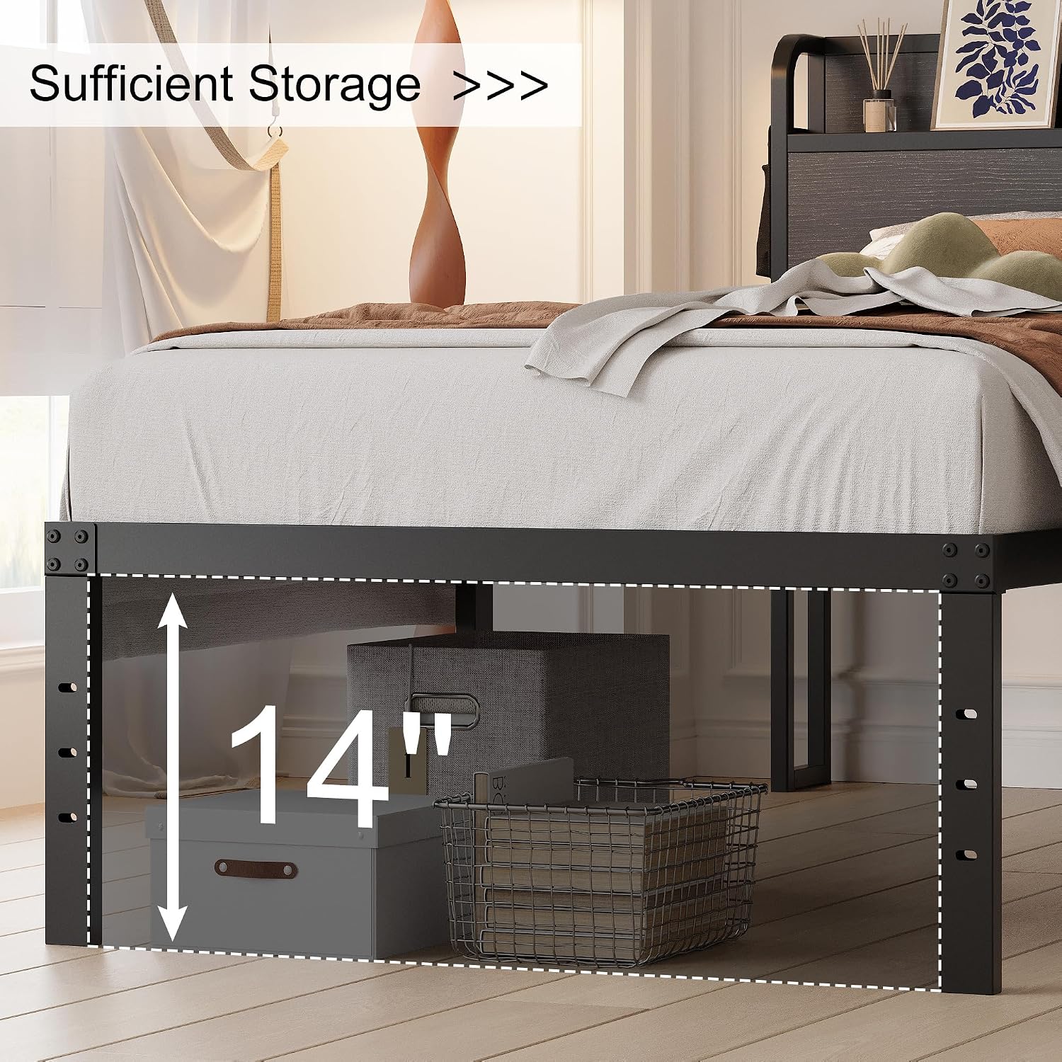 Maenizi 16 Inch Twin Bed Frames with Headboard, Twin Metal Bed Frame Storage Wood Headboard No Box Spring Needed, Noise Free, Black