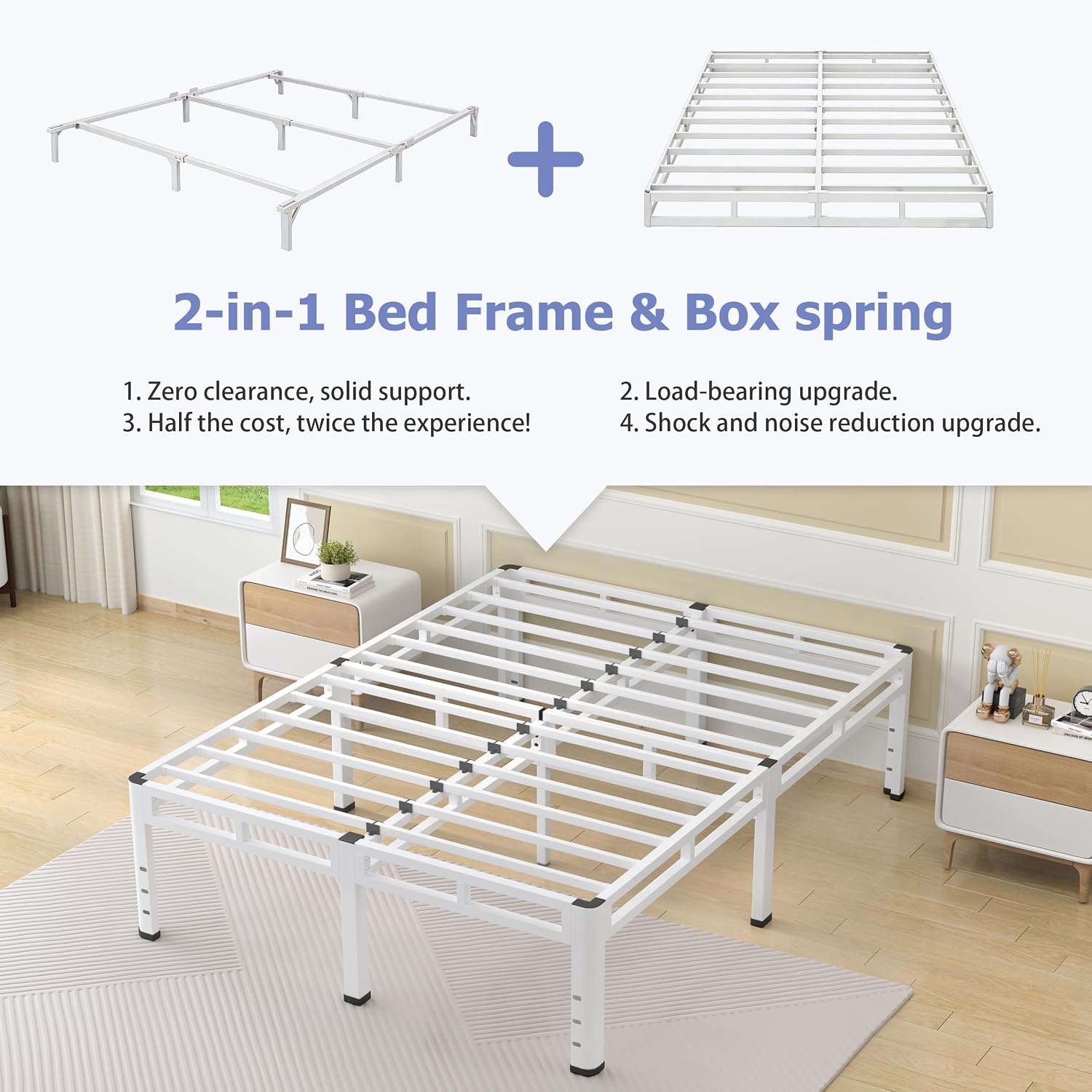 NKZ 22 Inch Full Size Bed Frame, Metal Bed Frame & Box Spring 2 in 1 Platform with Round Corner Legs, 4000Lbs Heavy Duty Metal Frame, Mattress Slide Stopper, Headboard Hole, Noise-Free, Easy Assembly
