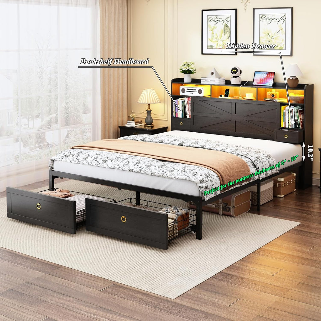 King Bed Frame with Storage Headboard, Farmhouse Platform Bed Frame with Bookshelf, Drawers, LED Lights and Charging Station, Metal Slats Support, Noise Free, No Box Spring Needed, Black
