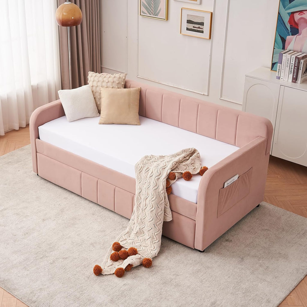Deolme Twin to King Daybed with Trundle, USB Ports, Velvet Upholstered Daybed with Pop Up Trundle Bed, Modern Extendable Day Bed Frame for Kid Adult Bedroom Living Room Guest Room Small Places Pink