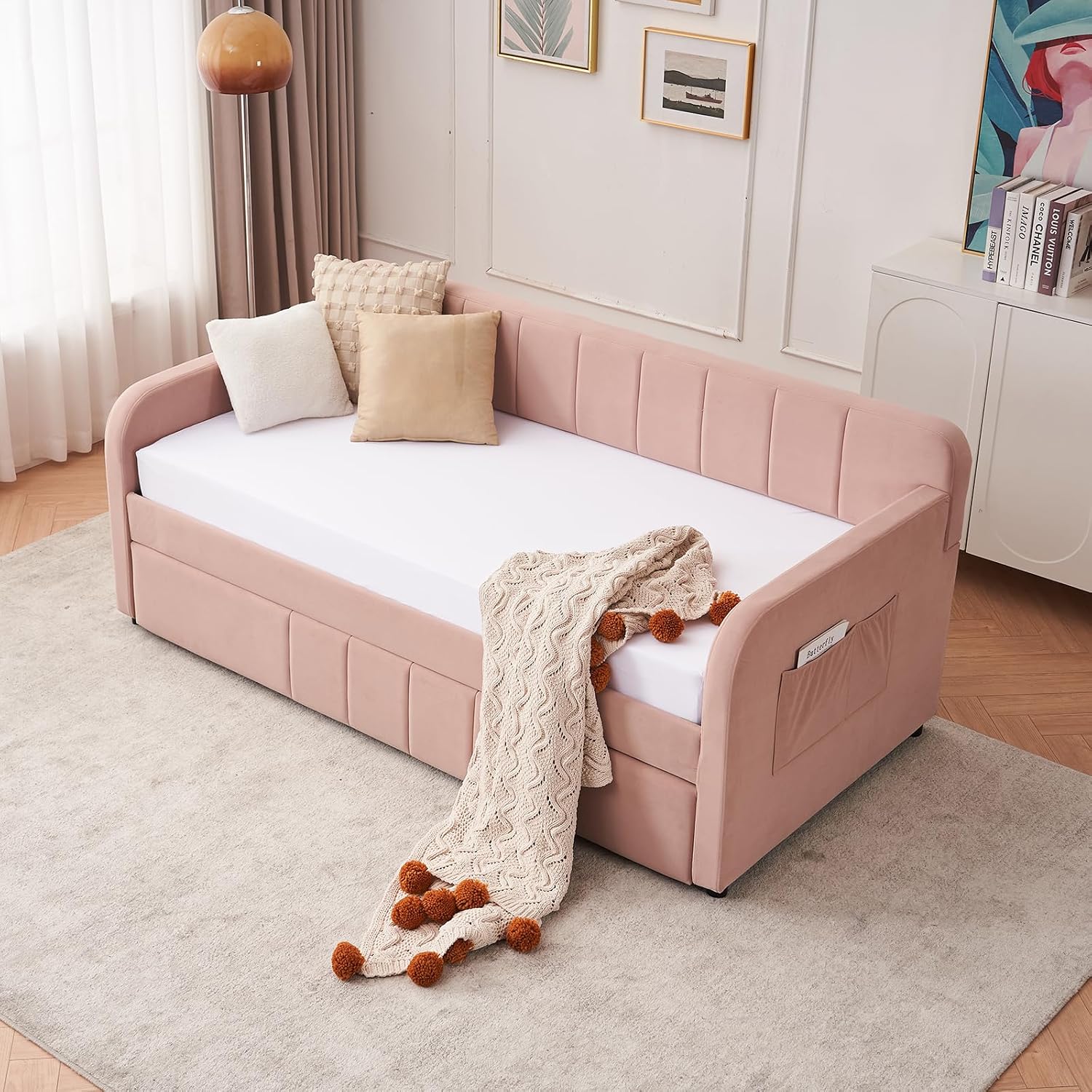 Deolme Twin to King Daybed with Trundle, USB Ports, Velvet Upholstered Daybed with Pop Up Trundle Bed, Modern Extendable Day Bed Frame for Kid Adult Bedroom Living Room Guest Room Small Places Pink