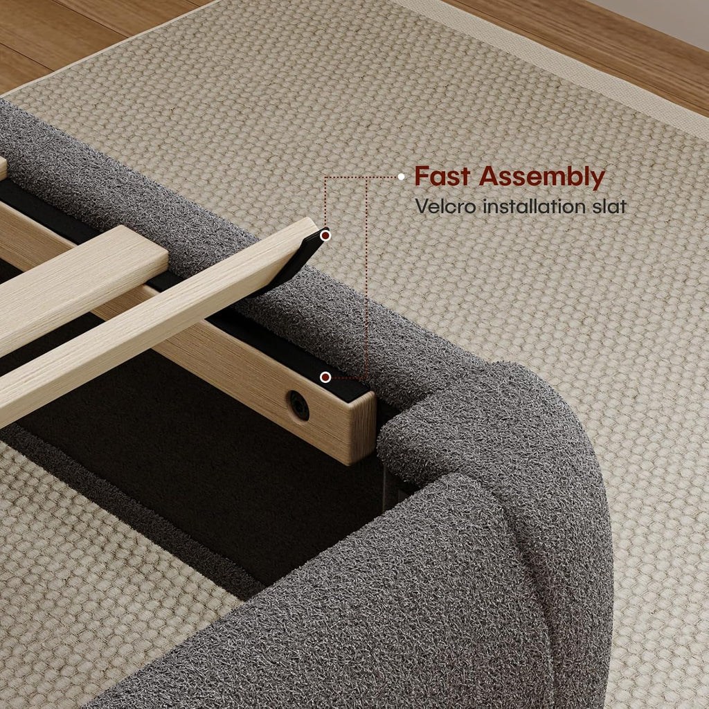 Cloud Full Size Platform Bed Frame, Soft Boucle Bed Frame with Round Corner, Upholstered Bedframe Full with Heavy Duty Wood Slat, No Box Spring Needed, Easy Assembly, Grey
