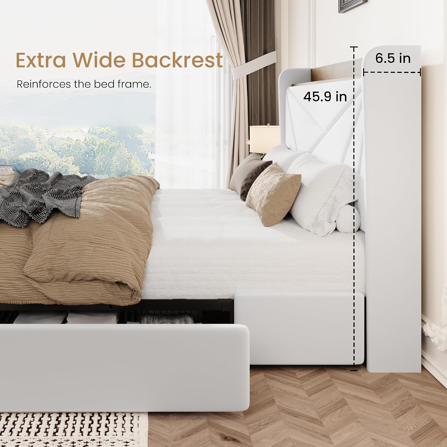 SHA CERLIN Full Size Bed Frame with 3 Drawers, USB & Type-C Charging Ports, Velvet Upholstered Platform Bed with Modern Geometric Wingback Storage Headboard, No Box Spring Needed, Easy Assembly, White
