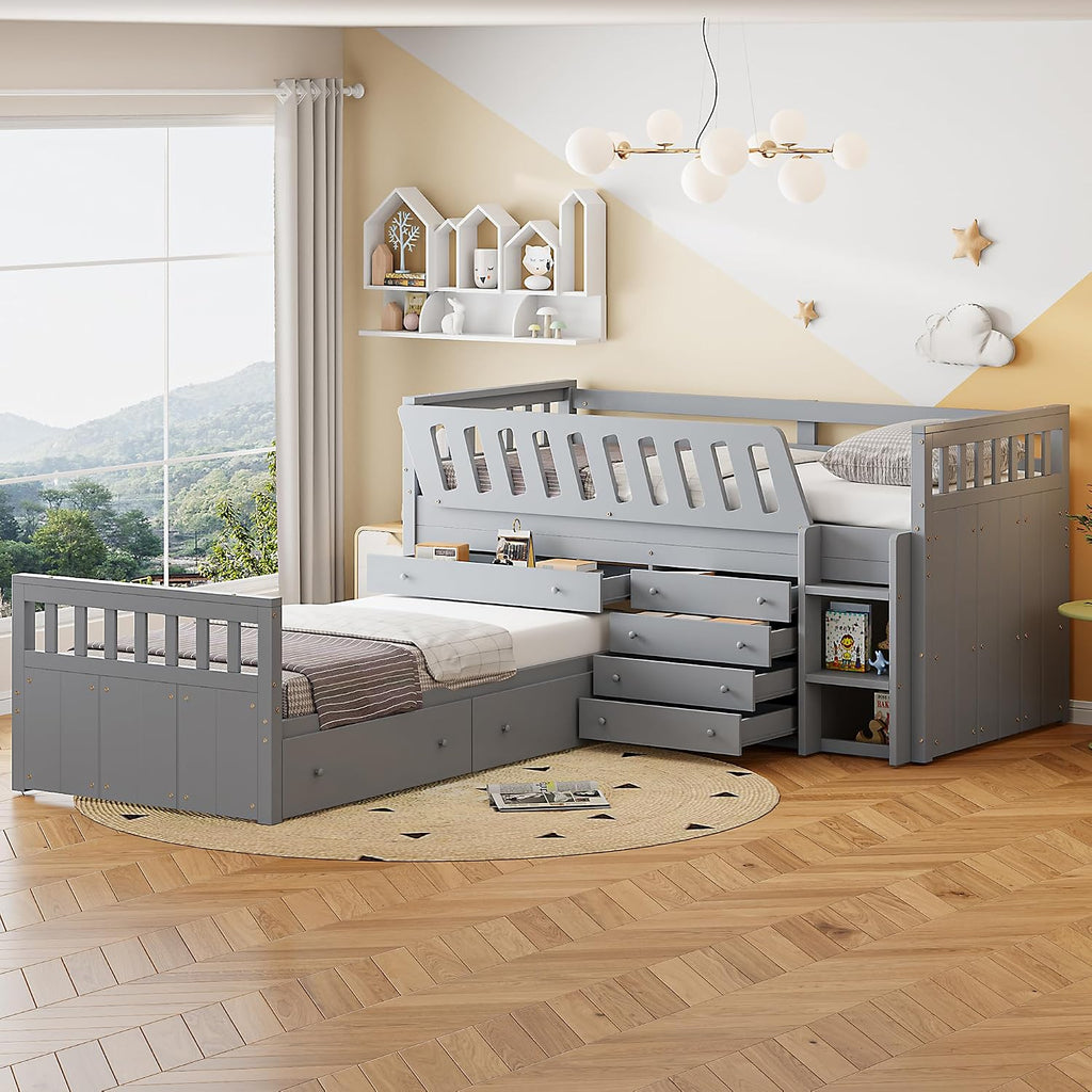 L-shaped Twin Low Loft Bed with Twin Platform Bed, Solid Wood Kids Beds Frame with 7 Drawers and Full Guardrails for Boys Girls, 2 Beds in 1 Design (Gray-L2B)