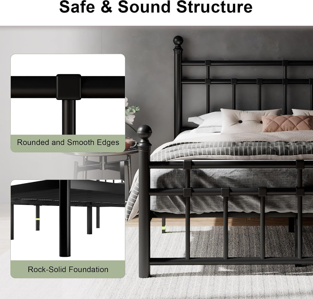 Feonase Full Size Metal Platform Bed Frame with Victorian Classic Iron-Art Headboard & Footboard, Heavy Duty Slats, 12' Under Bed Storage, No Box Spring Needed, Easy Assembly, Noise-Free, Black
