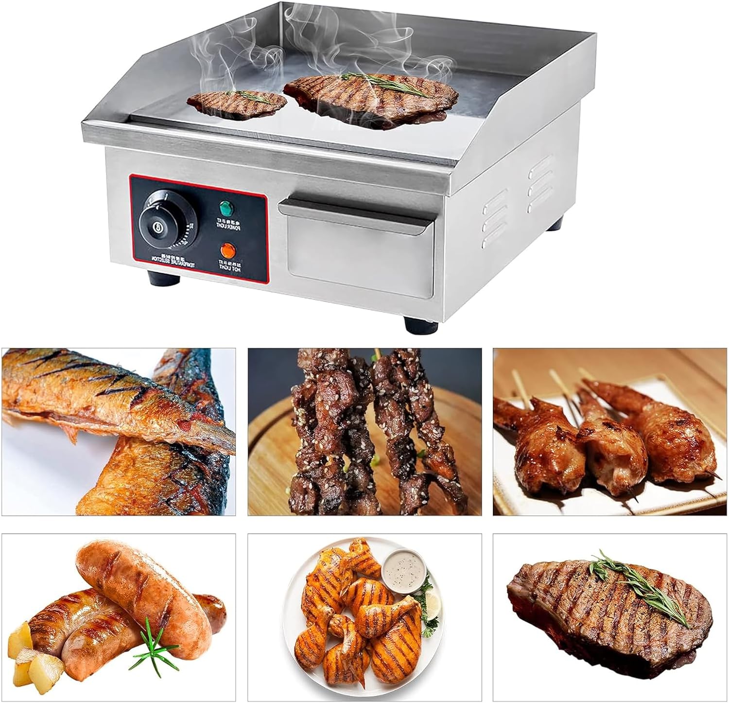Commercial Electric Countertop, Electric Griddle Grill Nonstick Tabletop Hot Flat Griddle Home BBQ Flat Top with Adjustable Thermostatic Control Stainless Steel Restaurant Grill