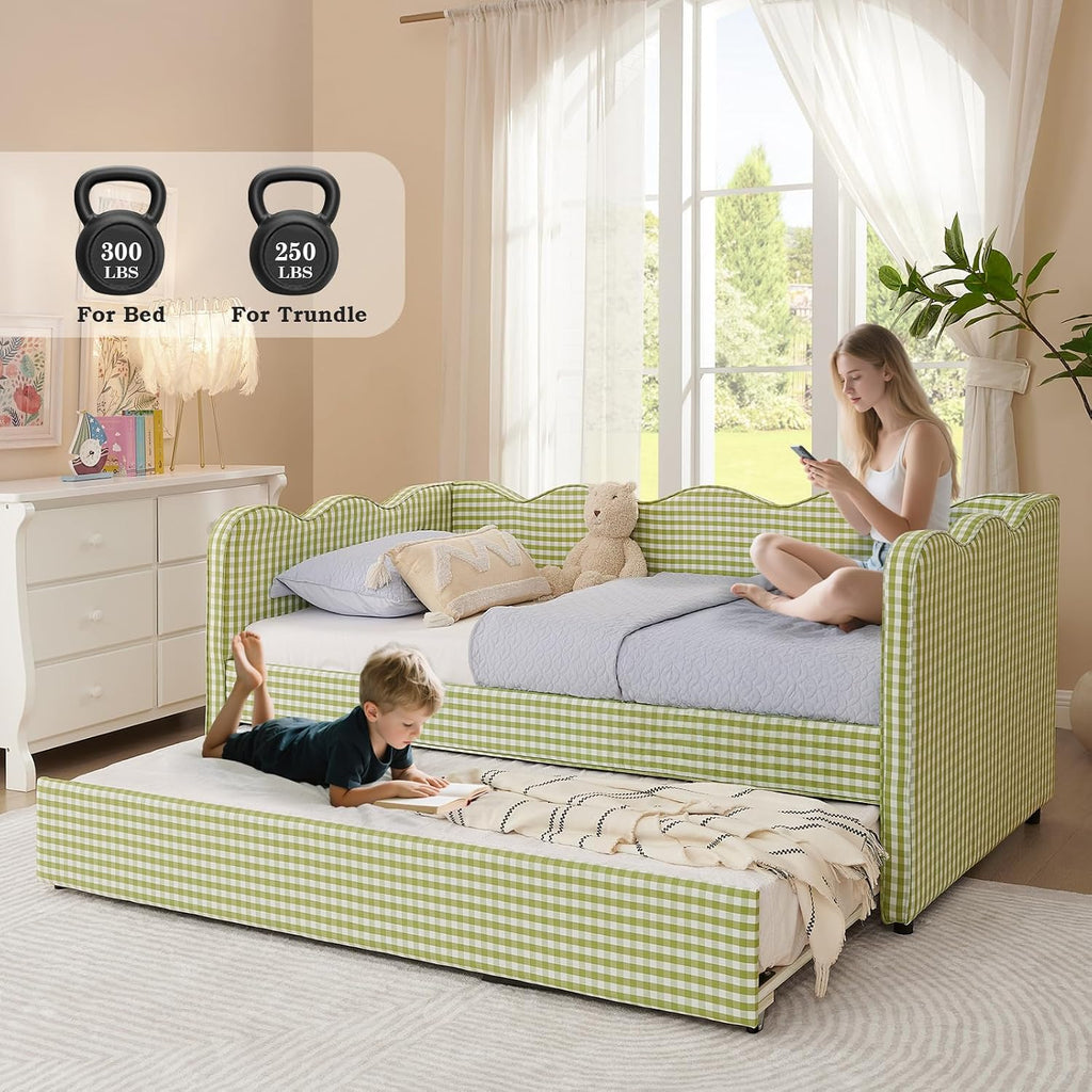 Twin to King Daybed with Trundle, USB Ports Soft Upholstered Daybed with Pop Up Trundle Bed Twin , Modern Extendable Day Bed Frame for Girls Bedroom Living Room Guest Room Small Places Sage Green
