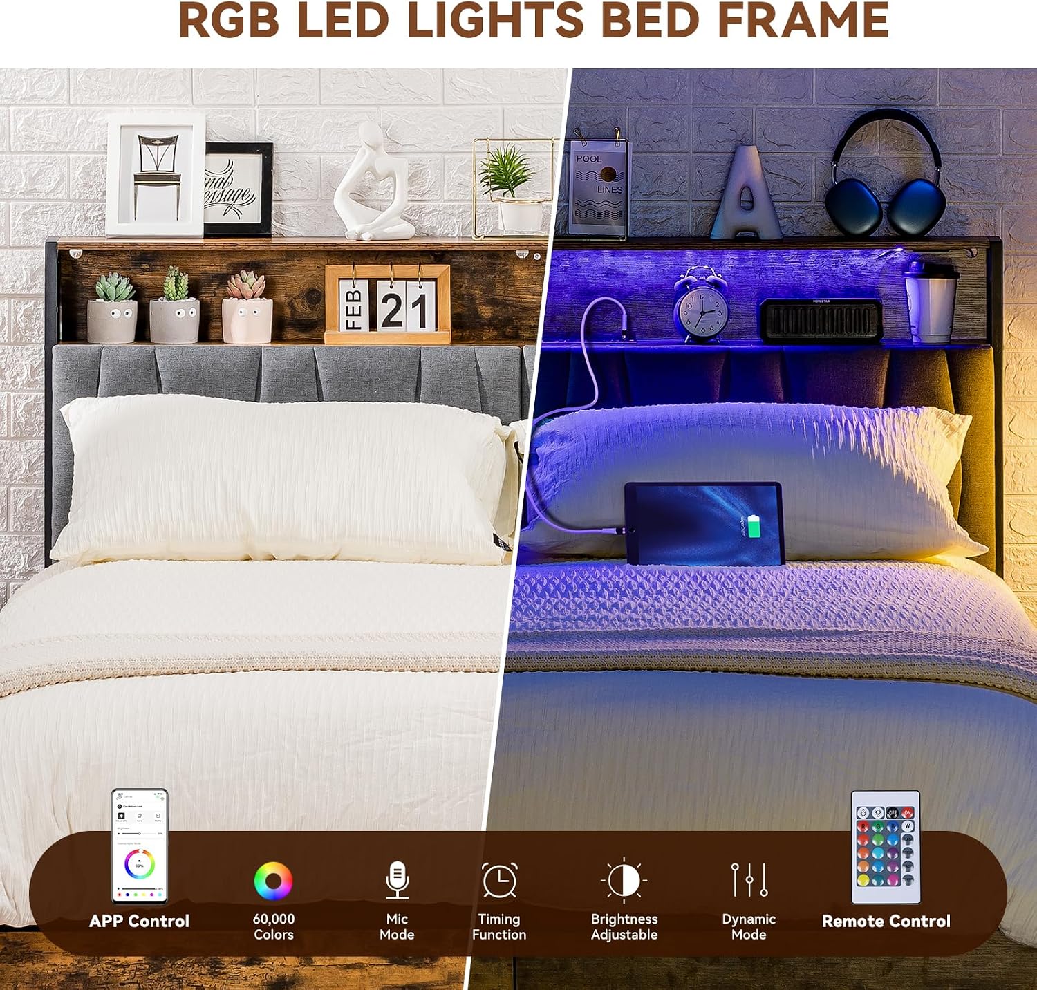 COMHOMA Queen Size Platform Bed Frame with LED Lights and Charging Station, Storage Headboard and Footboard Drawers, No Box Spring Needed, Rustic Wood Look