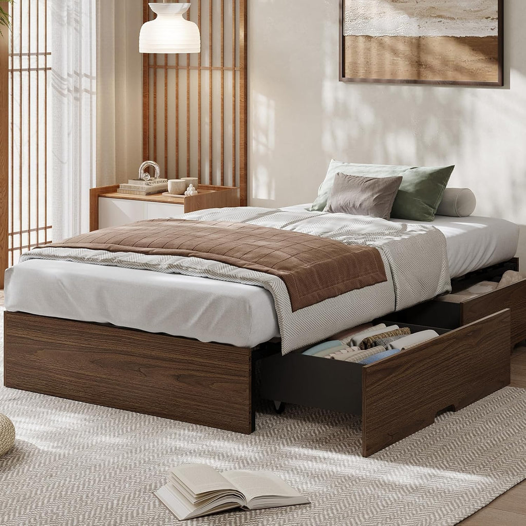 GarveeHome Twin Size Wood Platform Bed Frame with 2 Storage Drawers, Wooden Bed Frame Without Headboard, Wood Slat Support, No Box Spring Needed, Easy Assembly