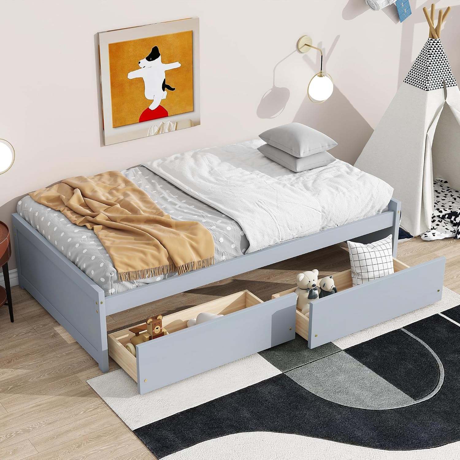 Bellemave Twin Kids Bed with Storage 2 Drawers, Wood Twin Daybed with Storage, BedFrames for Kids, Adults, Gray