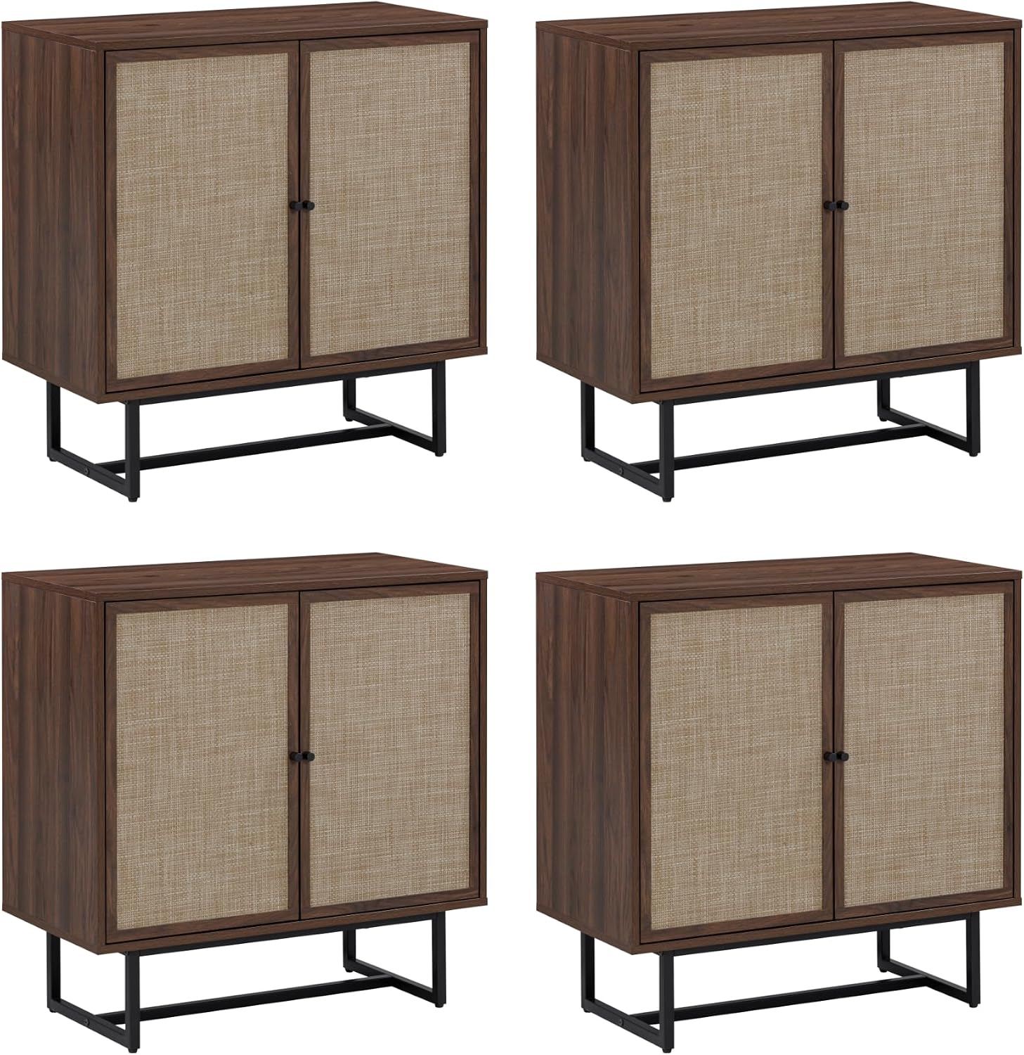 Nathan James Kova Bohemian Rattan Sideboard or TV Stand, Wooden Storage Cabinet with Doors, Walnut Sideboard Buffet or Rattan Accent Storage Cabinet with Matte Black Legs, Set of 4