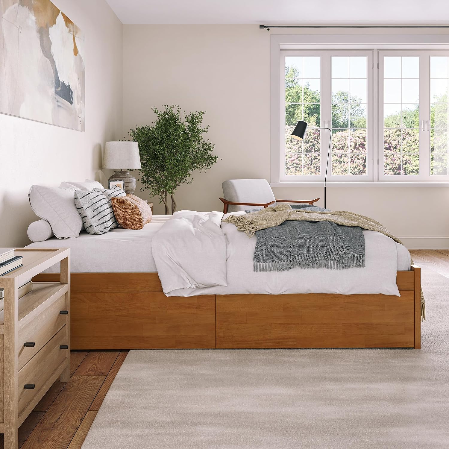 AFI Concord Queen Solid Wood Platform Bed with Footboard & Storage Drawers in Light Toffee