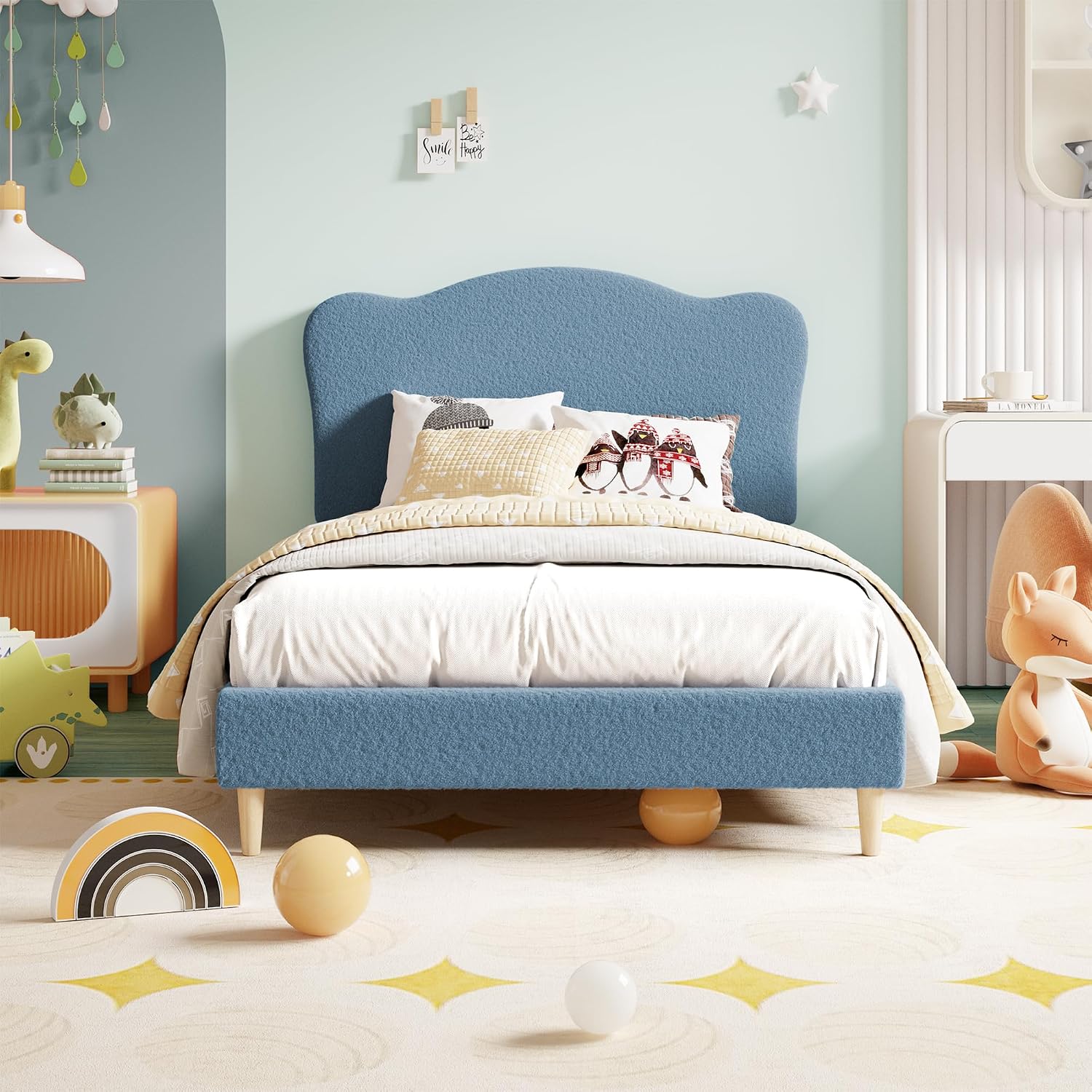 GarveeHome Upholstered Twin XL Size Bed Frame for Kids with Scallop Headboard, Cute Velvet Twin XL Bed for Girls, Boys, Sturdy Platform Bed, No Box Spring Needed, Wooden Slats, Noise Free, Blue