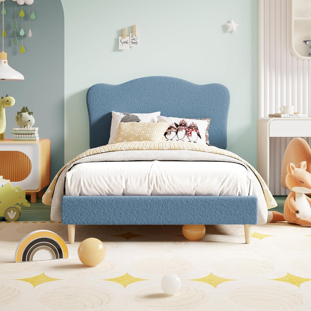 GarveeHome Upholstered Full Size Bed Frame for Kids with Scallop Headboard, Cute Velvet Full Bed for Girls, Boys, Sturdy Platform Bed, No Box Spring Needed, Wooden Slats, Noise Free, Blue