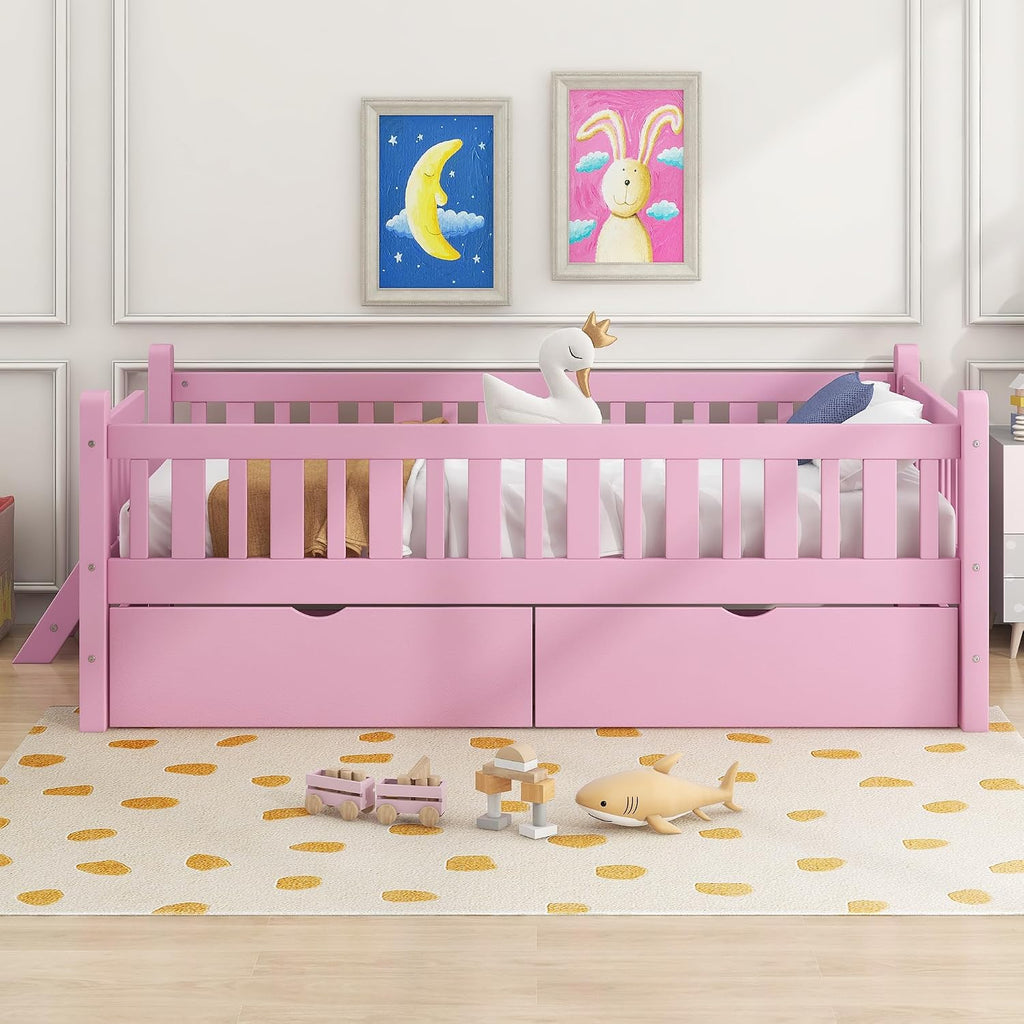 VilroCaz Twin Size Platform Bed with Guardrail and 2 Drawers, Wood Kids Platform Bed Frame with Two-Step Ladder for Boys Girls, Sturdy Slats Support (Pink-1.26)