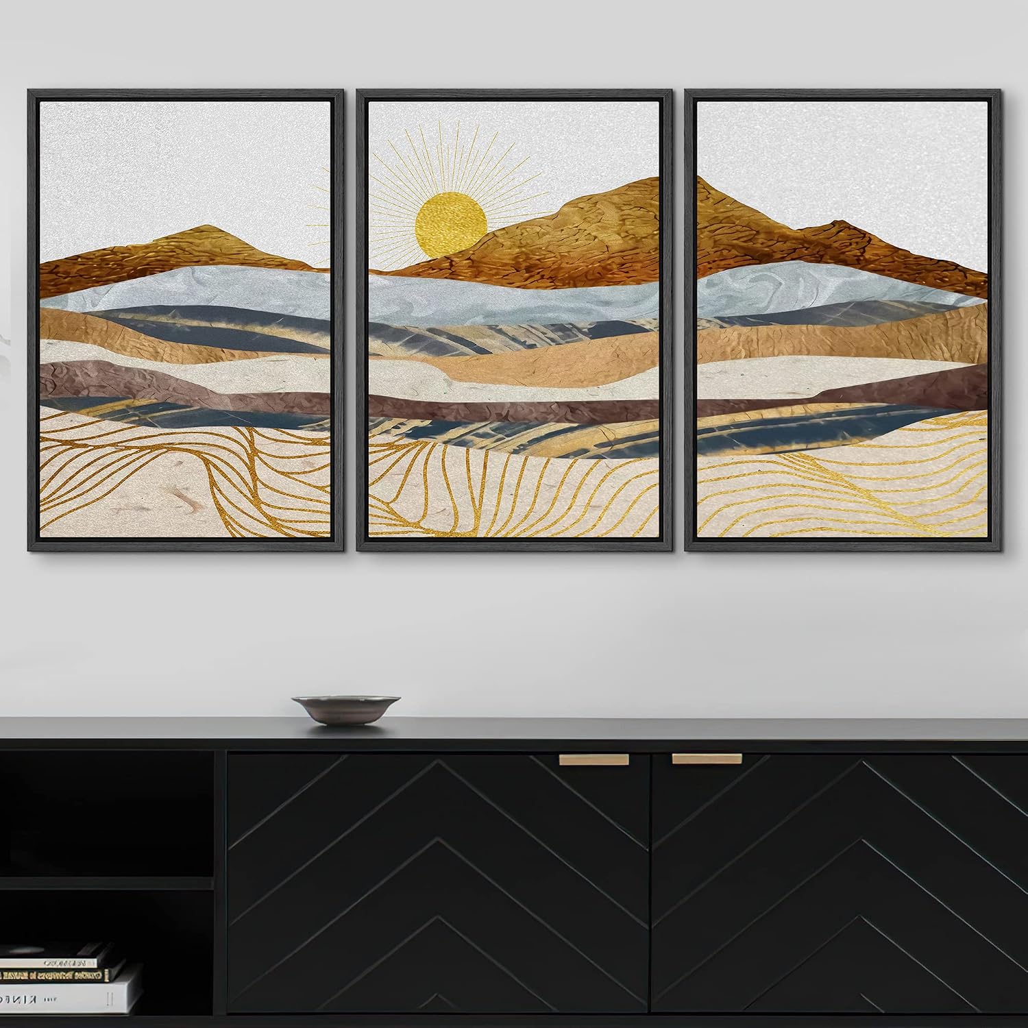 wall26 Framed Canvas Print Wall Art Set Gold Wave Geometric Mountain Range Nature Wilderness Illustrations Modern Art Decorative Landscape Zen for Living Room, Bedroom, Office - 16'x24'x3 Black