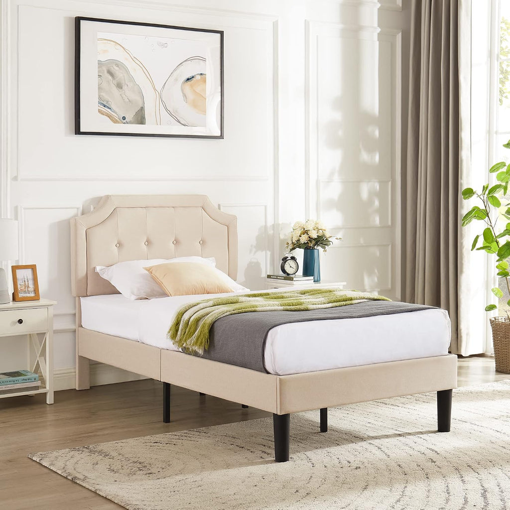 VECELO Twin Size Platform Bed Frame with Fabric Upholstered Headboard and Wooden Slats Support, No Box Spring Needed/Easy Assembly,Beige