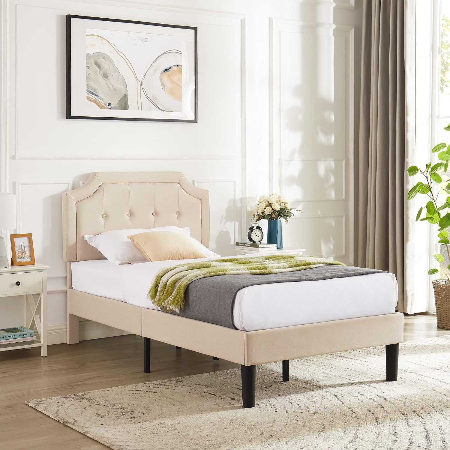 VECELO Twin Size Platform Bed Frame with Fabric Upholstered Headboard and Wooden Slats Support, No Box Spring Needed/Easy Assembly,Beige