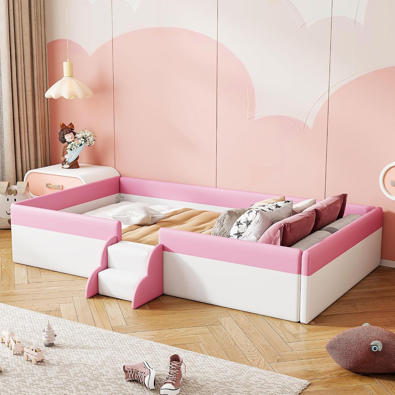 VilroCaz Twin Size Upholstered Daybed Frame with Fence and Stairs, Montessori Kids Floor Bed with Sturdy Slat Support for Kids Boys Girls