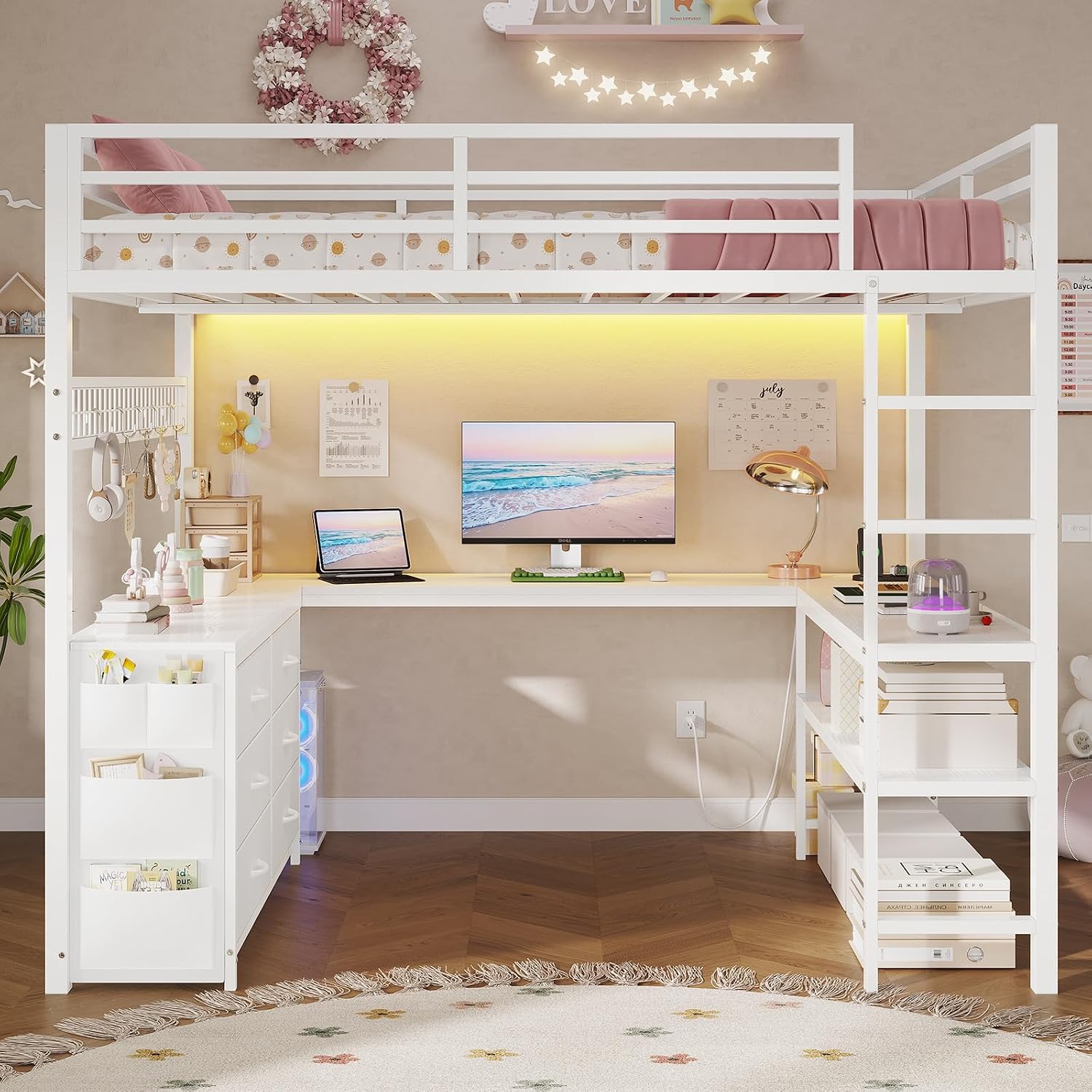 ADORNEVE Loft Bed Full Size with U-Shaped Desk, 6 Storage Drawers, Power Outlet, LED Metal Loft Bed with 2 Storage Shelves, Bed with Safety Guardrail & Ladders,Space-Saving,White