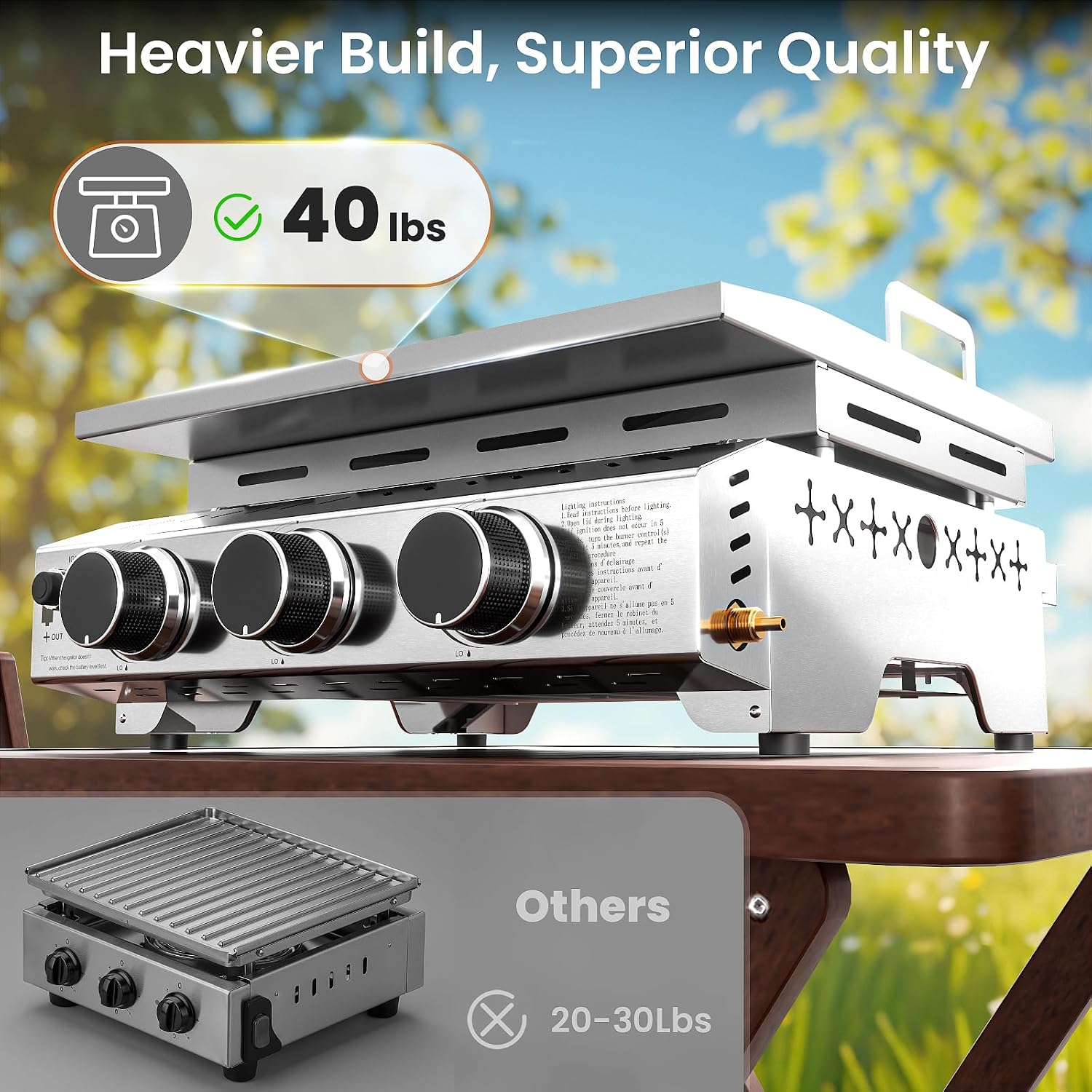 WAA 24000BTU Portable Propane Griddle, Tabletop Portable Propane Gas Grill with 3 Burners, Stainless Steel Flat Top Grill, Outdoor Cooking for Tailgating, Camping, RVs, BBQ, Patio, Silver