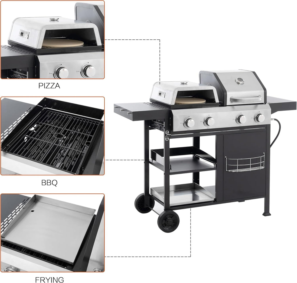 2+2 Multi function Burner Gas Grill and Griddle Combo with Cover for Outdoor Cooking While Camping or Tailgating BBQ,FRYING,PIZZA.